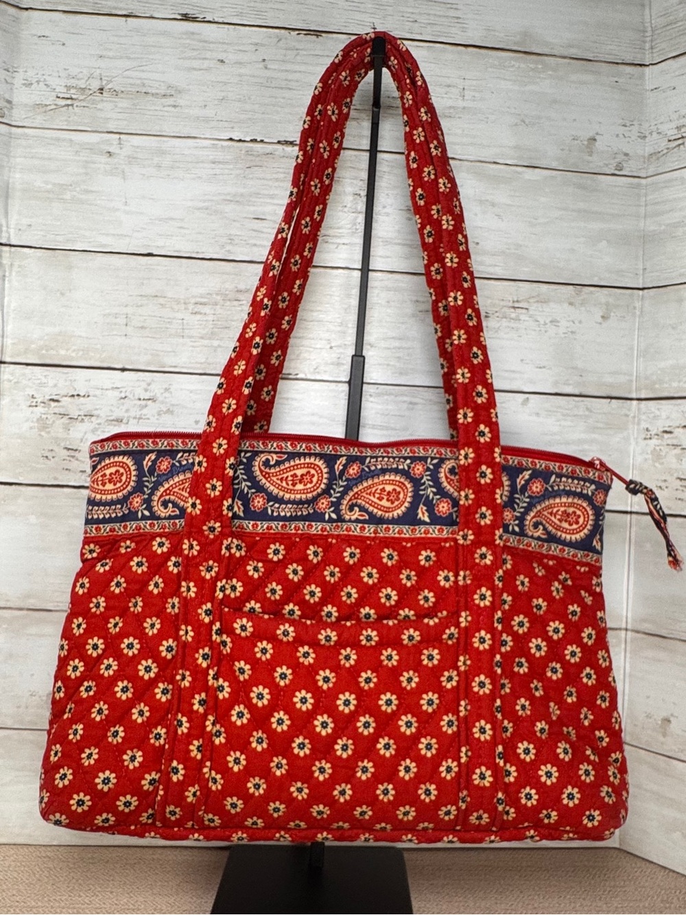Vera Bradley Americana Red Vintage Quilted Tote Bag Floral Paisley